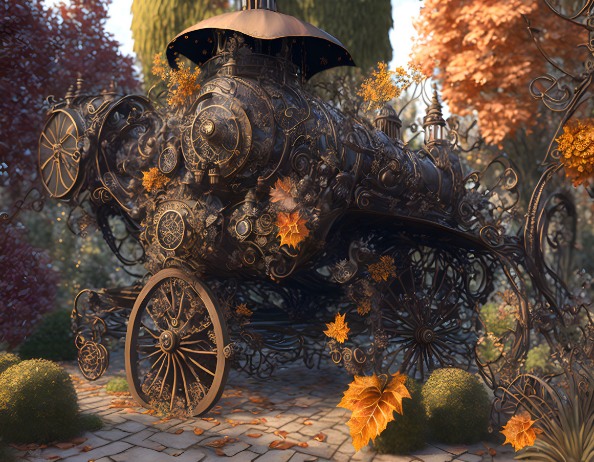 Steampunk-inspired ornate carriage in autumnal garden with wrought-iron elements