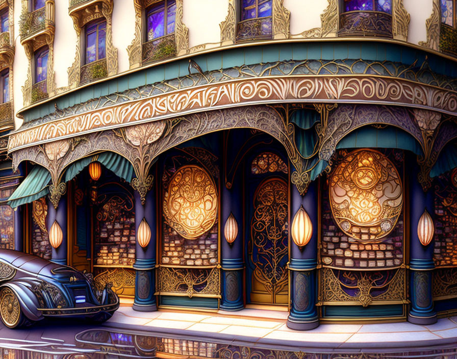 Intricate Art Nouveau building facade with round windows and vintage car.