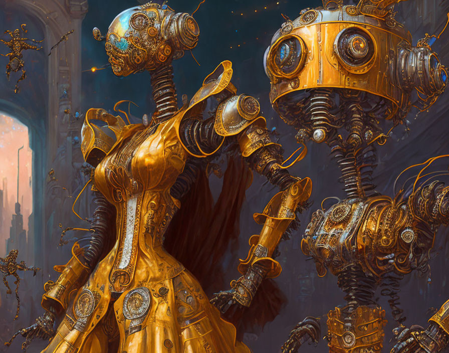Steampunk robots with copper finishes in industrial cityscape