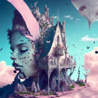 Surreal artwork: Woman's face merges with palace, pink clouds, birds, pastel sky