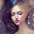 Fantasy illustration of woman with dark hair and golden accents in mystical setting