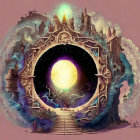 Fantastical portal with radiant light and celestial scenery