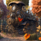 Steampunk-inspired ornate carriage in autumnal garden with wrought-iron elements