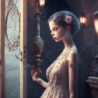 Young woman in vintage dress by ornate mirror and window with baroque lamps and twilight sky