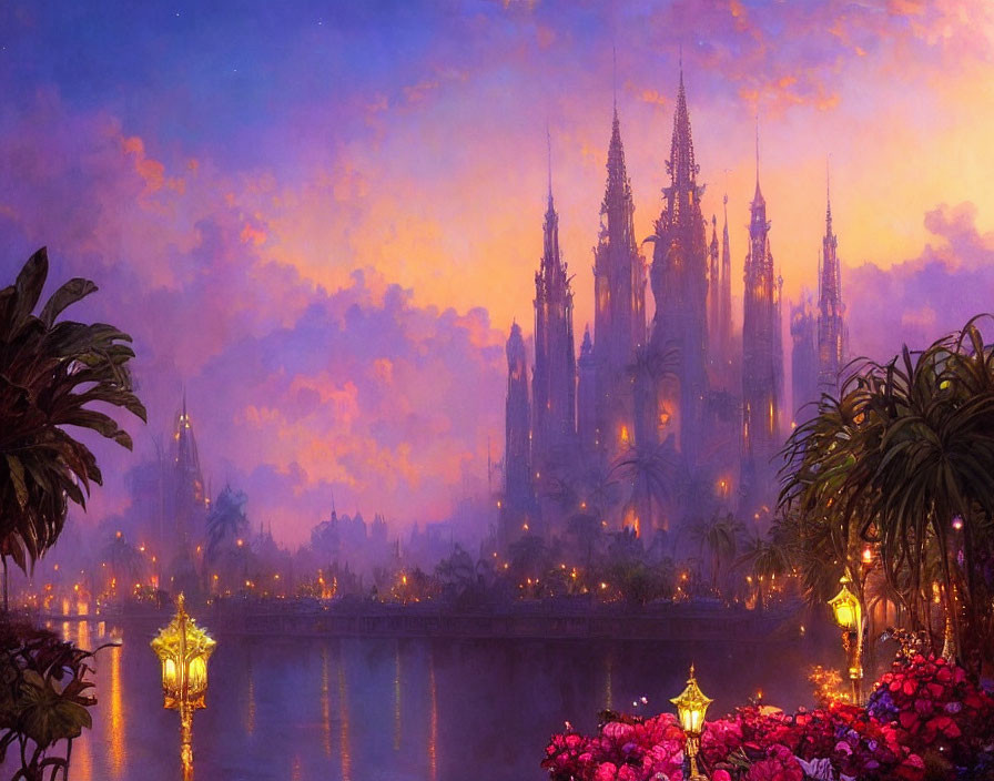 Fantasy cityscape at dusk with illuminated spires, bridge, flowers, lanterns in mist