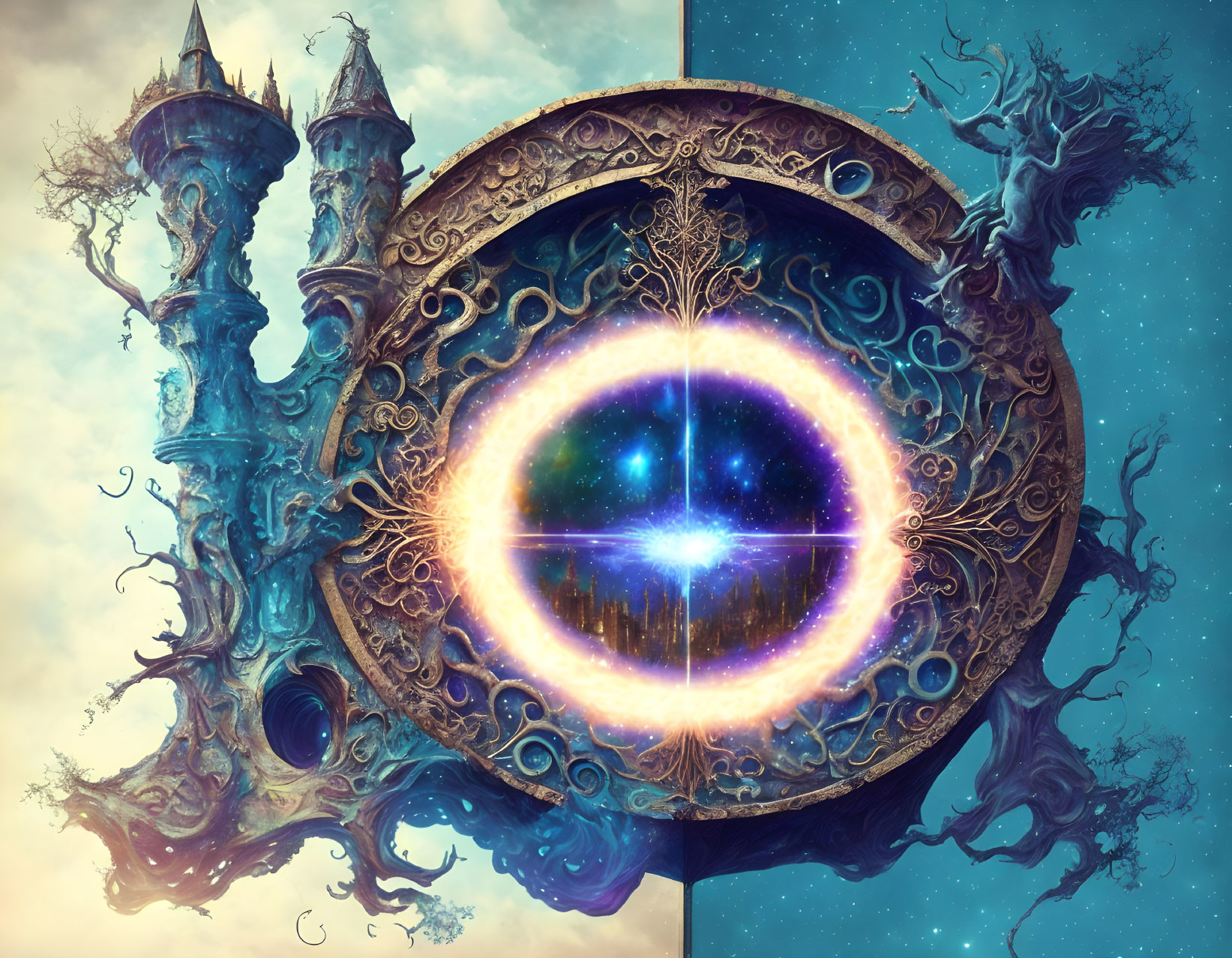 Fantastical circular portal with cosmic energy, blue towers, and tree-like structures