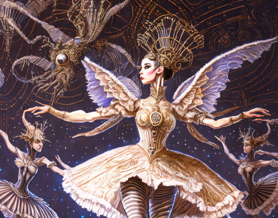 Fantastical steampunk ballet dancers with mechanical birds in starry scene