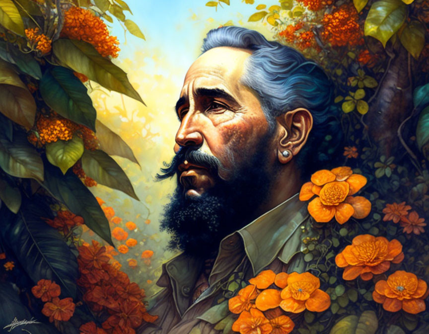 Portrait of Bearded Man with Flowers and Foliage Background