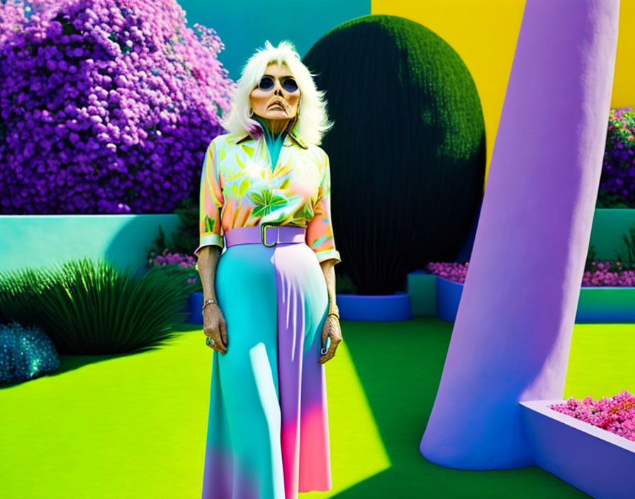 Elderly Woman in Sunglasses Poses in Colorful Garden