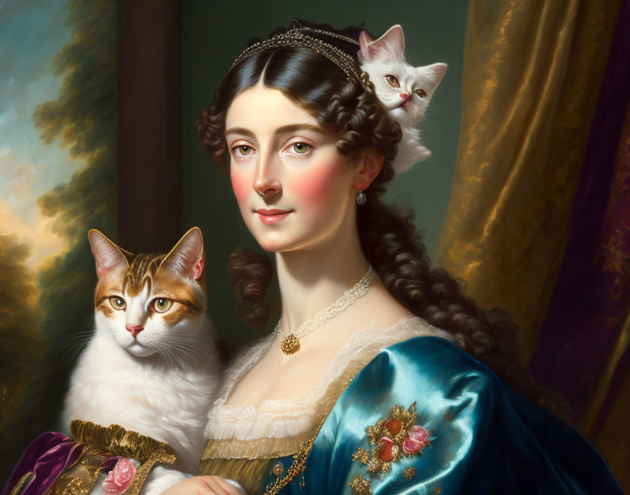 Woman in Blue Dress with Two Cats: Classic Portrait