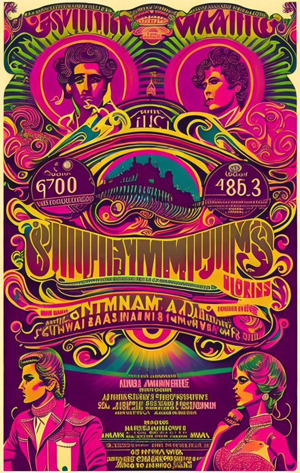 Colorful Concert Poster with Profiles & Cityscape in Psychedelic Style