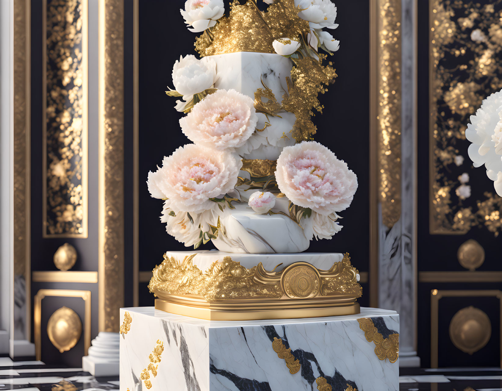 Elegant multi-tiered white and gold cake with peonies and gold leaf decorations on marble and