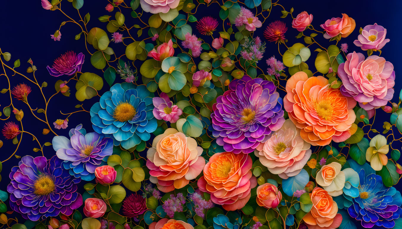 Colorful Flowers in Full Bloom Against Deep Blue Background