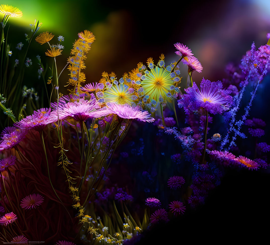 Colorful fantasy flowers with glowing purple and yellow petals on a dark bokeh background