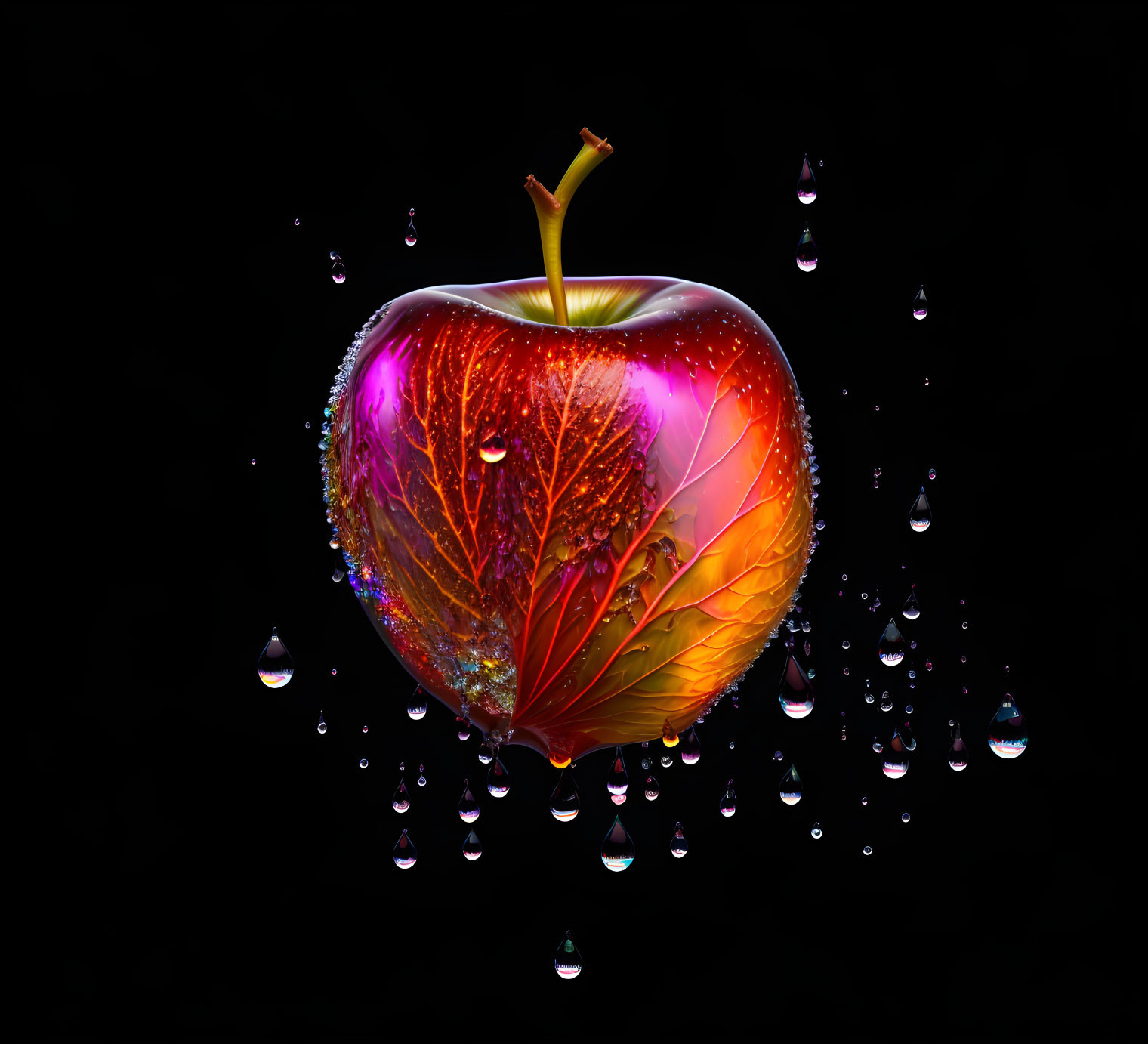 Colorful Apple with Water Splash Effect on Black Background