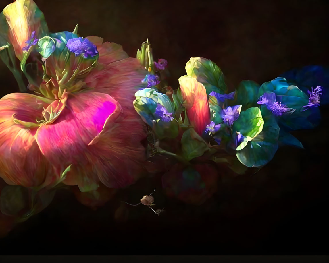 Vibrantly colored flowers in dreamy, translucent style on dark background