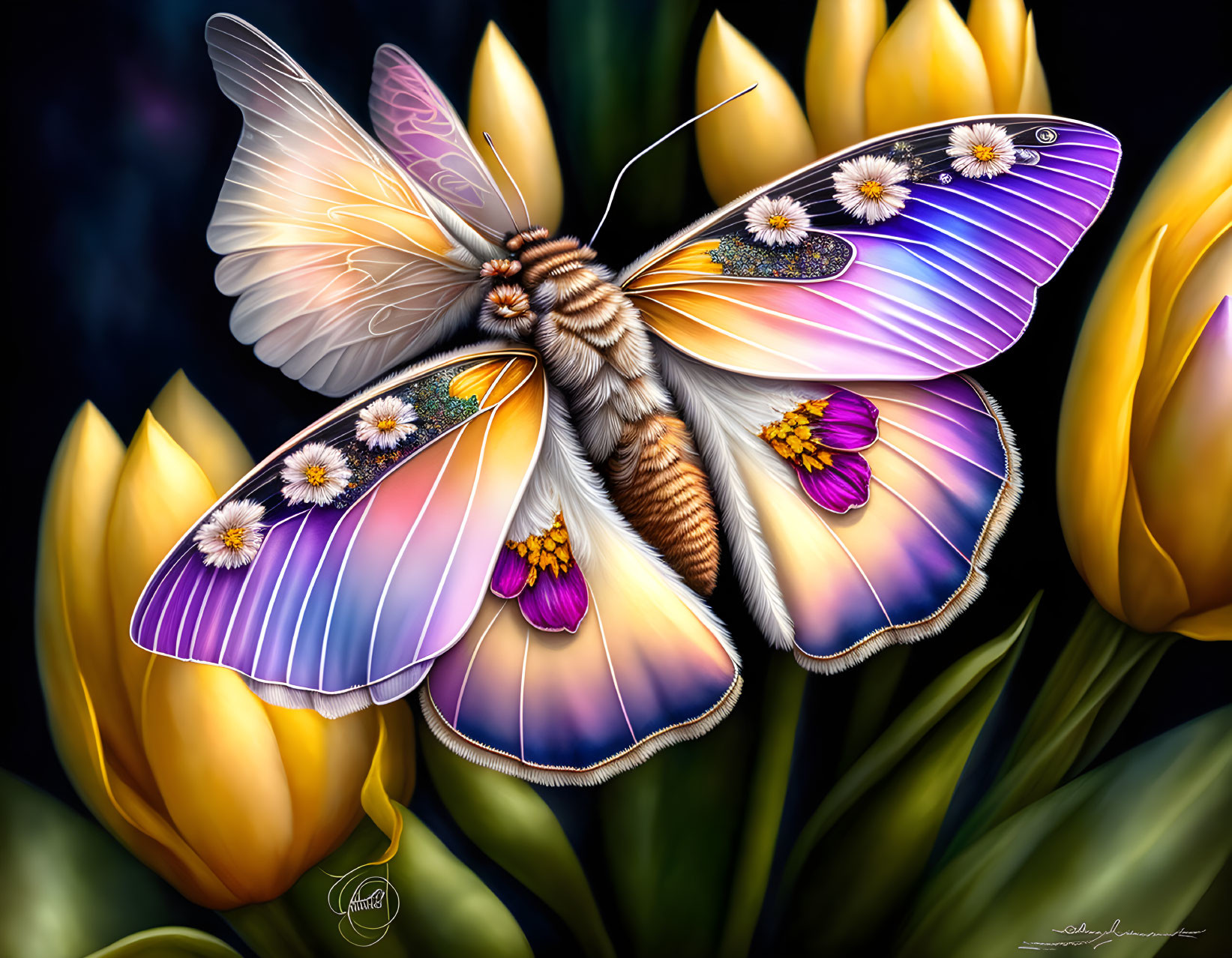 Colorful Butterfly Artwork with Floral and Starry Details on Dark Background