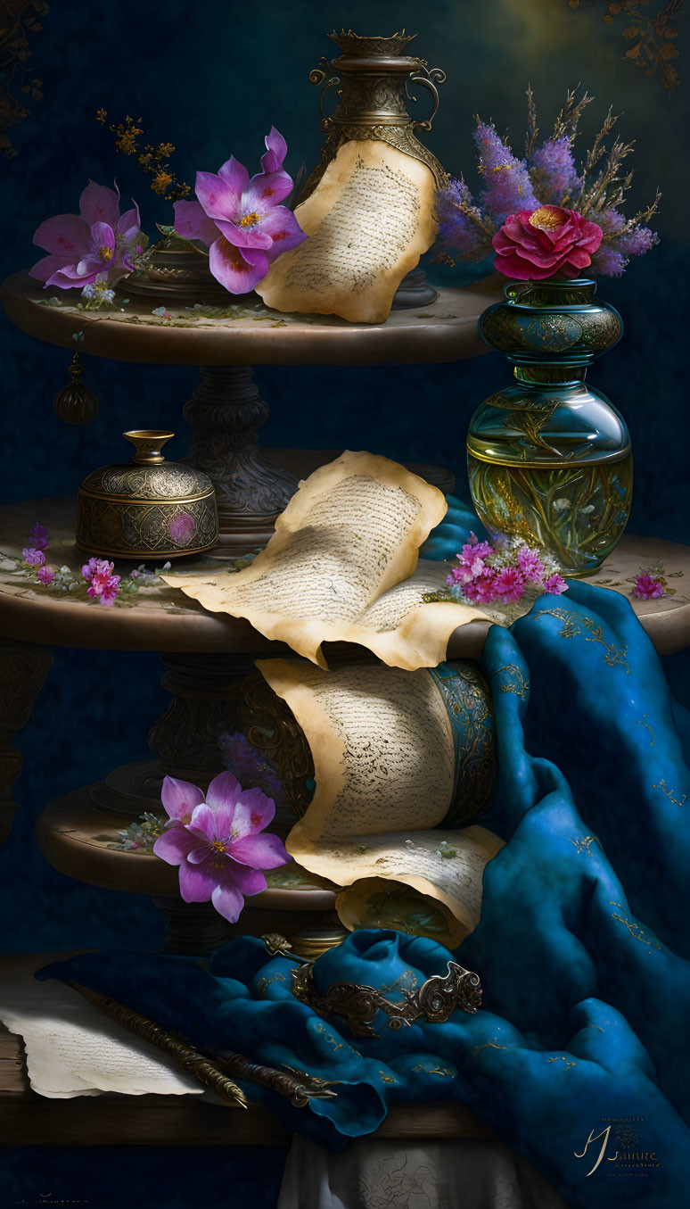 Still life artwork with golden jug, scrolls, flowers, glass vase, and blue stone hands on display