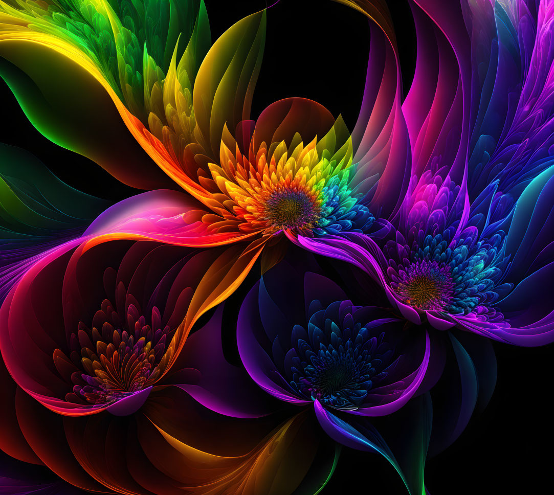 Abstract Multicolored Fractal Flowers on Black Background