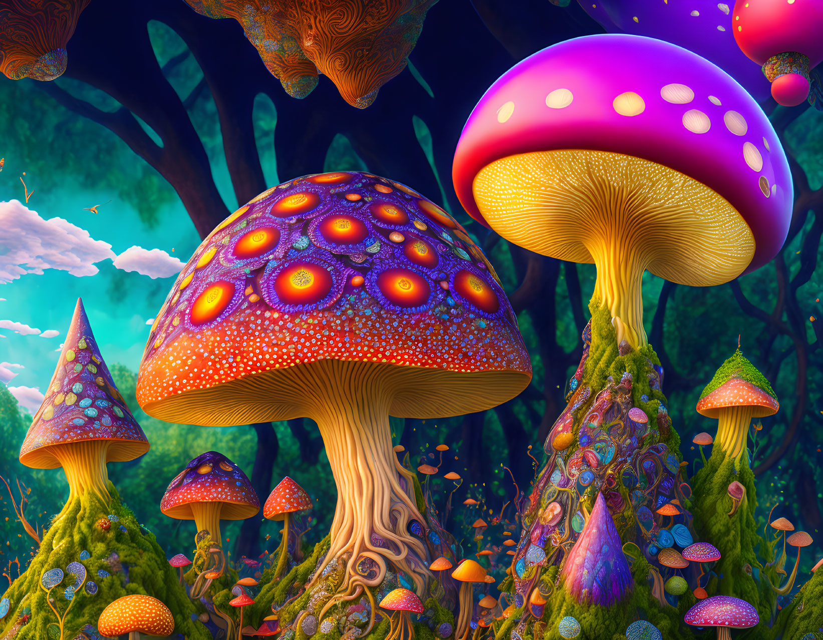 Colorful oversized mushrooms in lush twilight landscape