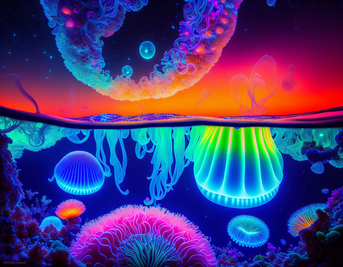 Colorful Bioluminescent Jellyfish and Coral in Split Underwater Scene