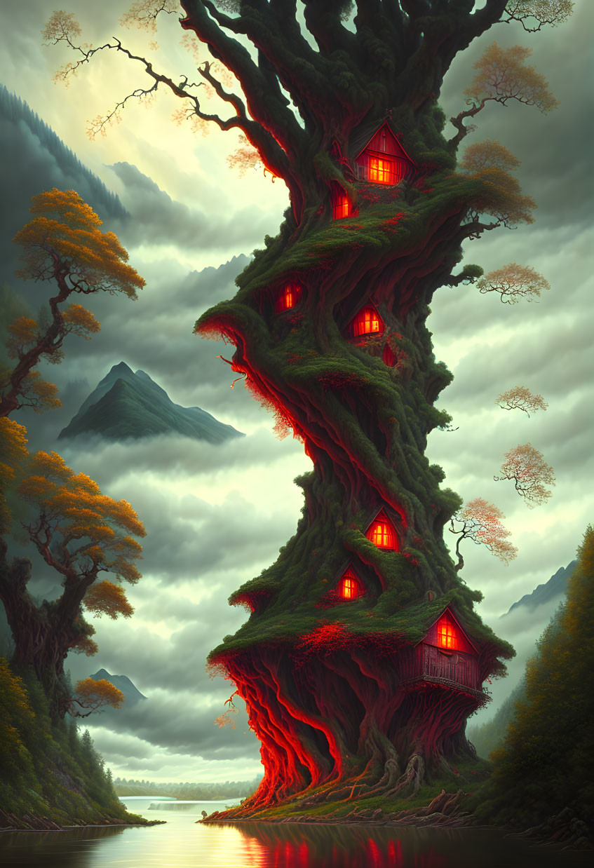 Towering tree with cozy houses and red windows by serene river