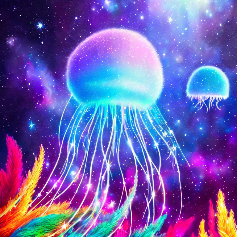 Colorful digital artwork: neon jellyfish in cosmic space with glowing plants