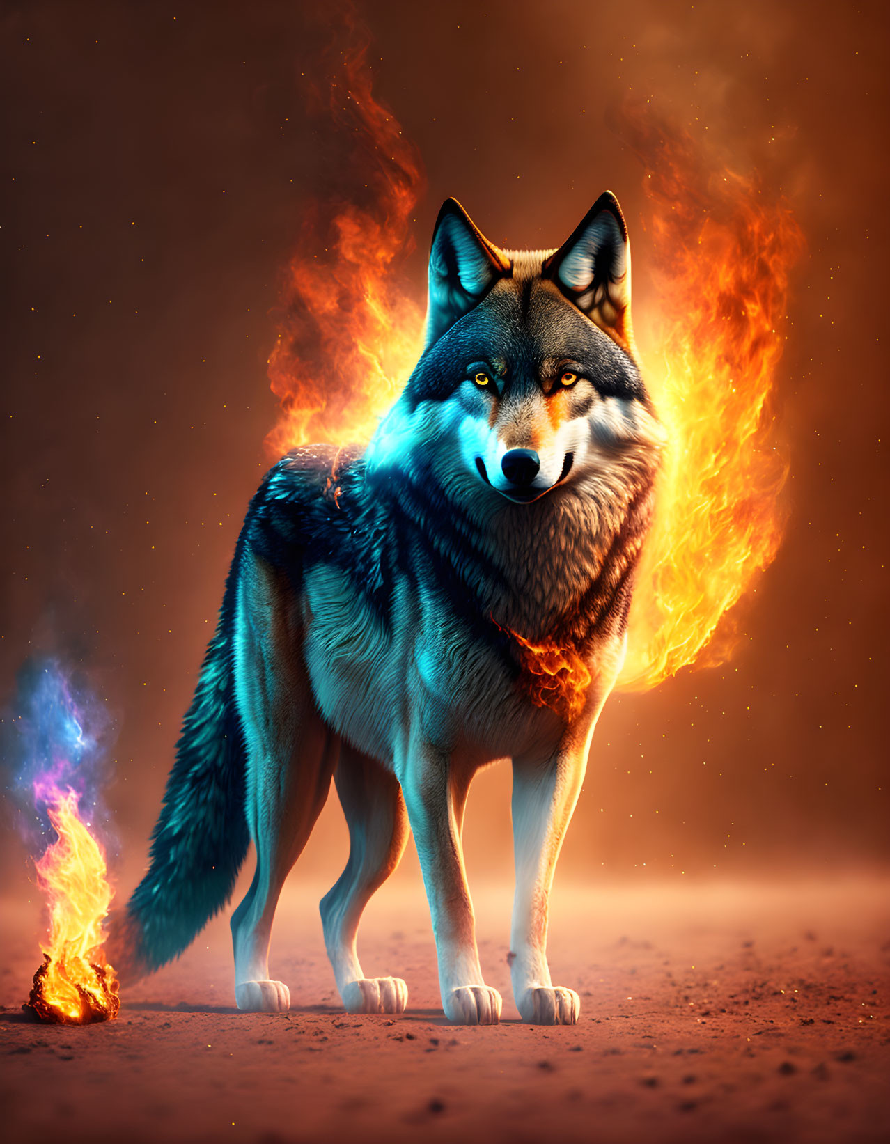 Majestic wolf with vibrant flaming fur against fiery background
