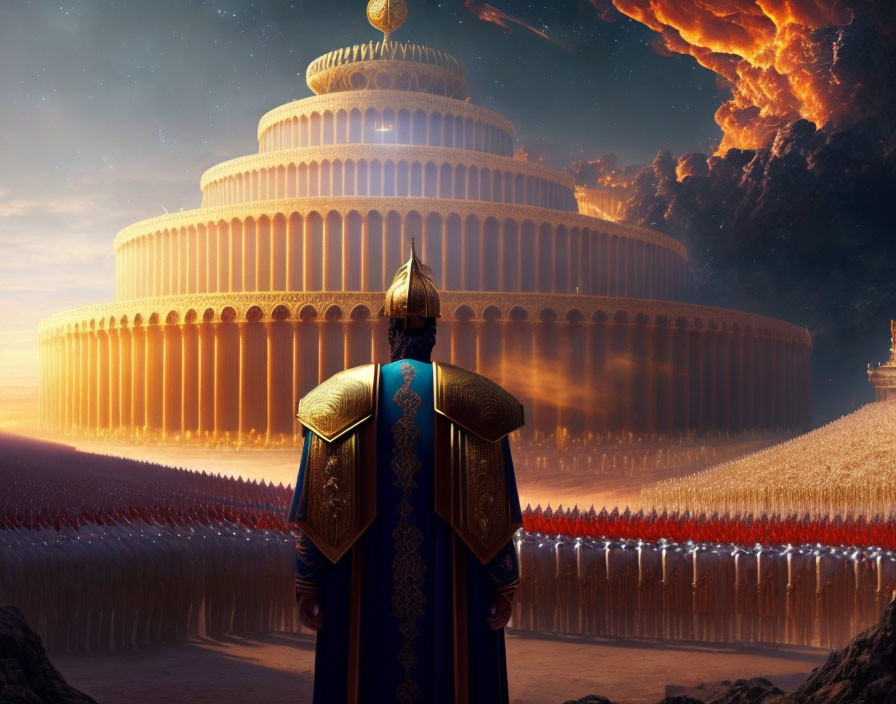 Ornate armored figure in front of tiered circular structure with rows of people and fiery sky.