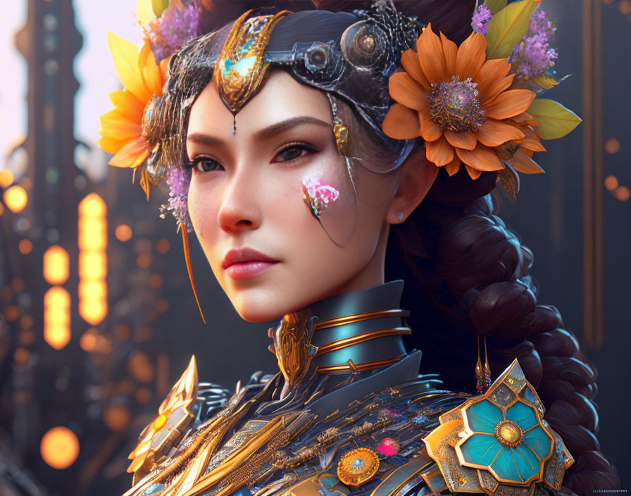 Digital artwork featuring woman in ornate armor with sunflowers, glowing headpiece, against industrial backdrop