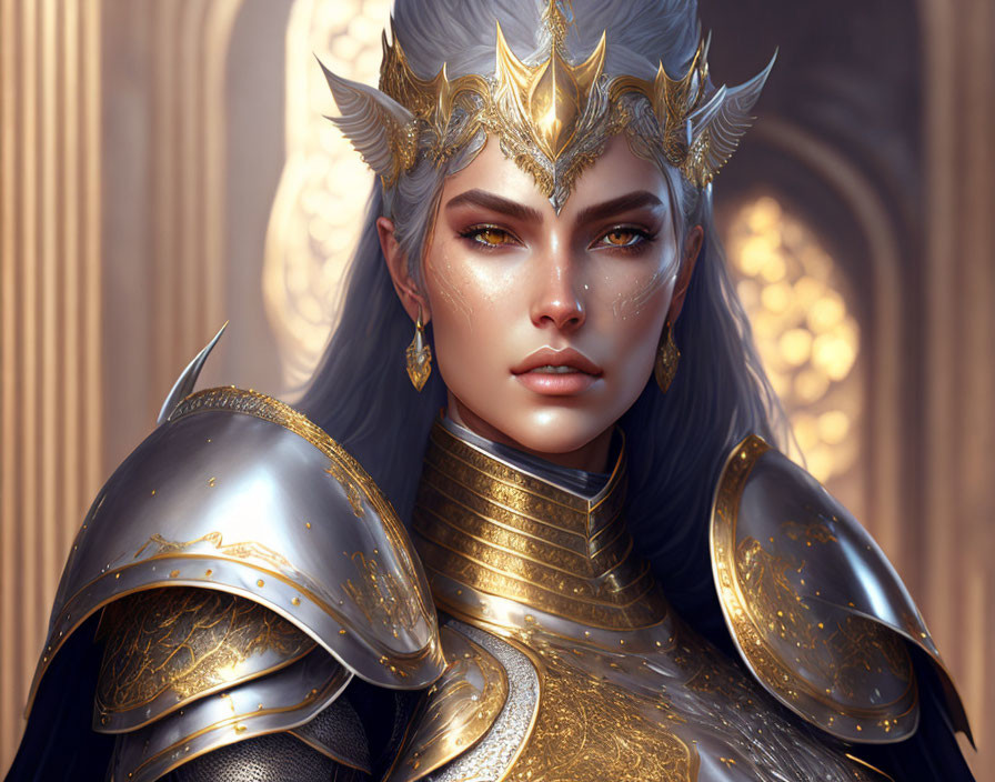 Female Warrior in Golden Armor and Crown in Grand Hall