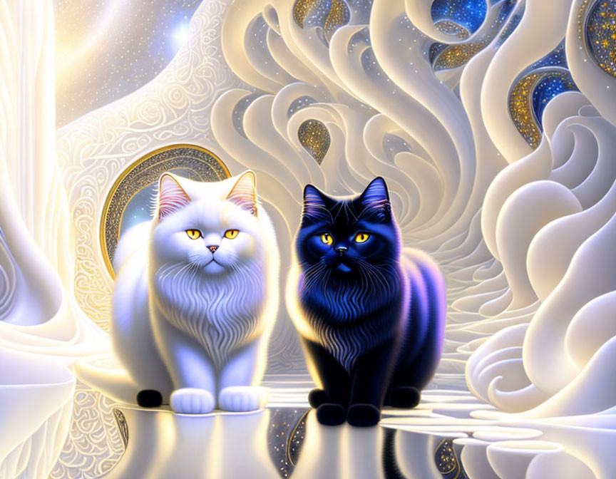 Stylized white and black cats with cosmic background