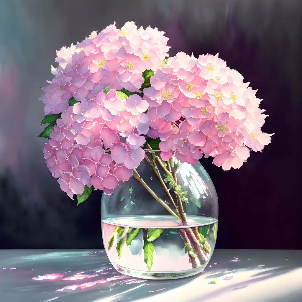 Pink Hydrangea Blossoms in Glass Vase with Sunlight Reflections
