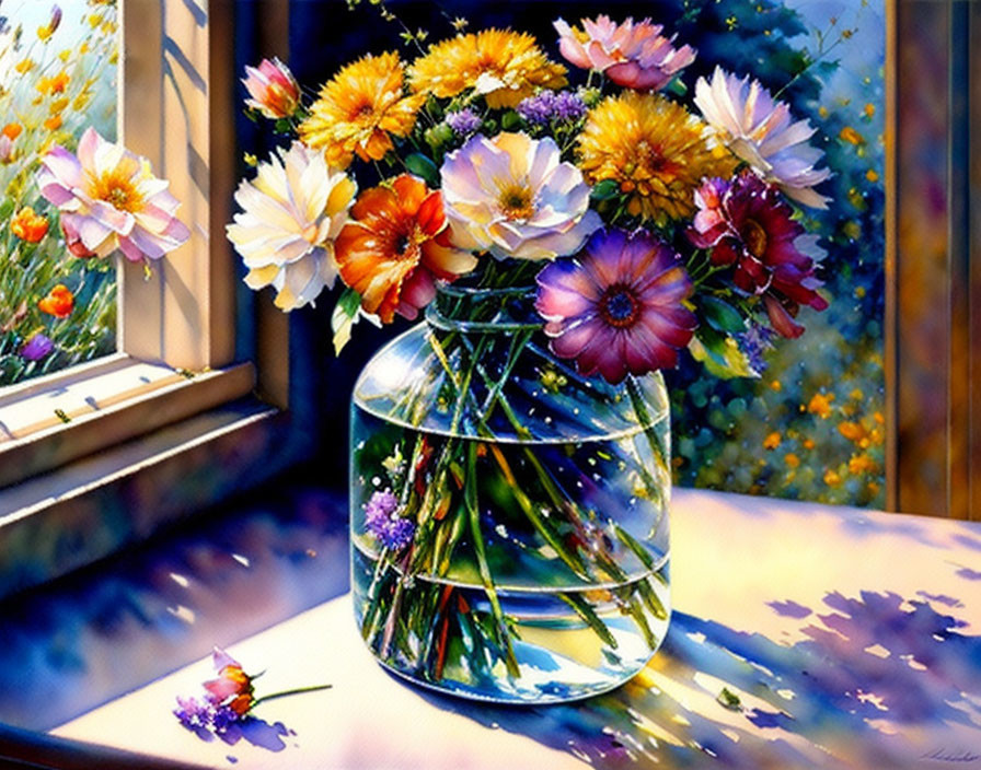 Colorful Flowers in Clear Glass Vase on Sunny Windowsill