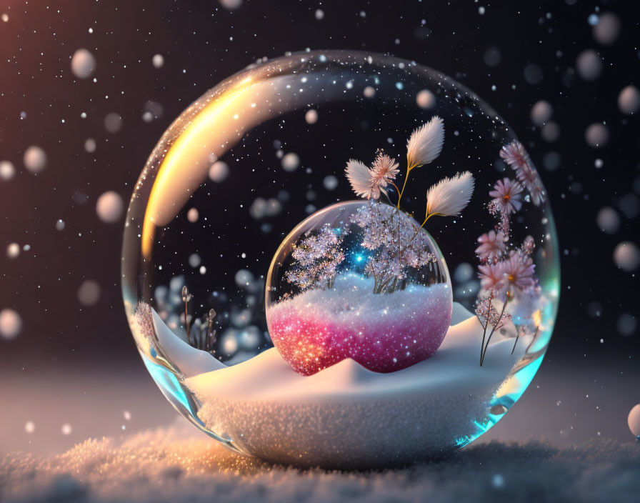 Snowy surface with two snow globes containing flowers in a magical winter scene