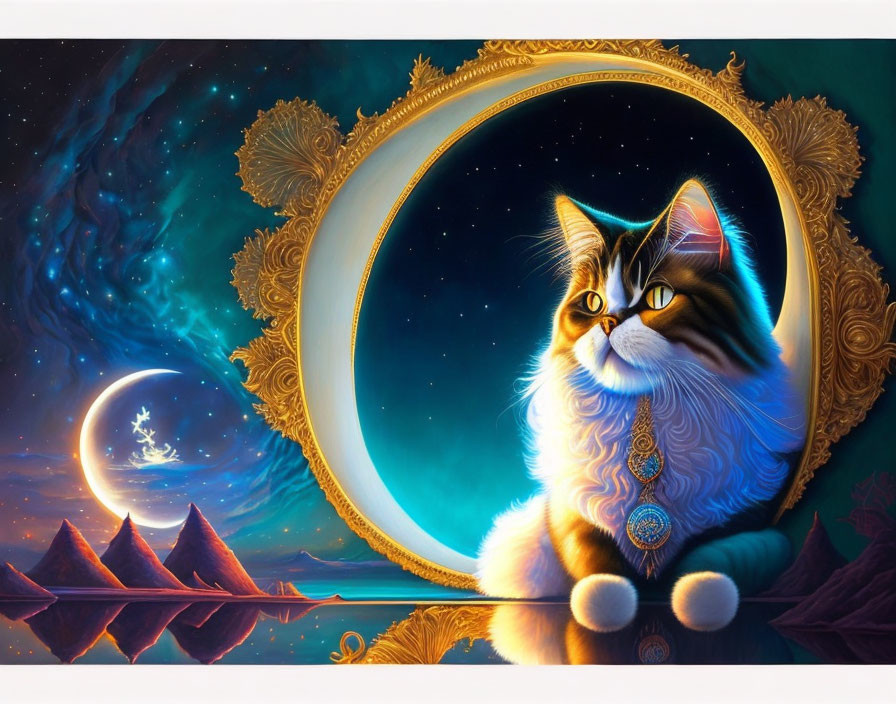 Long-Haired Cat with Jeweled Collar in Cosmic Window Scene