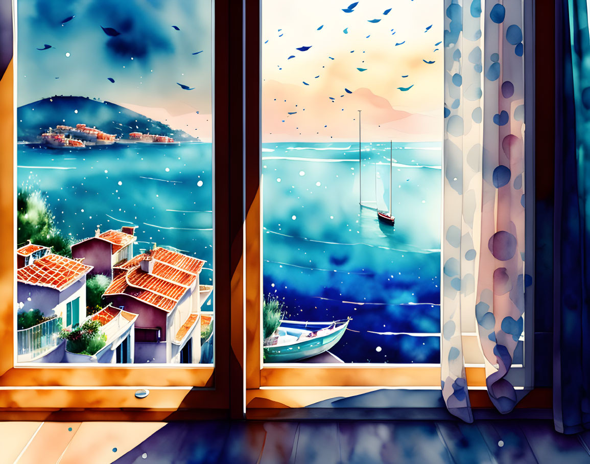Detailed Coastal Scene with Birds and Sailboat Through Open Window