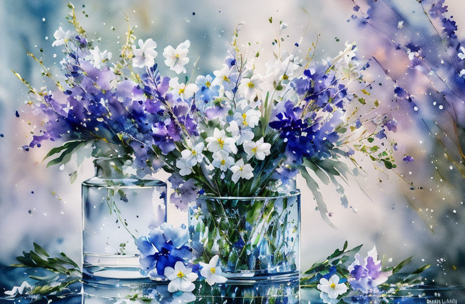 Vibrant Blue and White Flowers in Clear Glass Vases on Dreamy Blue Background