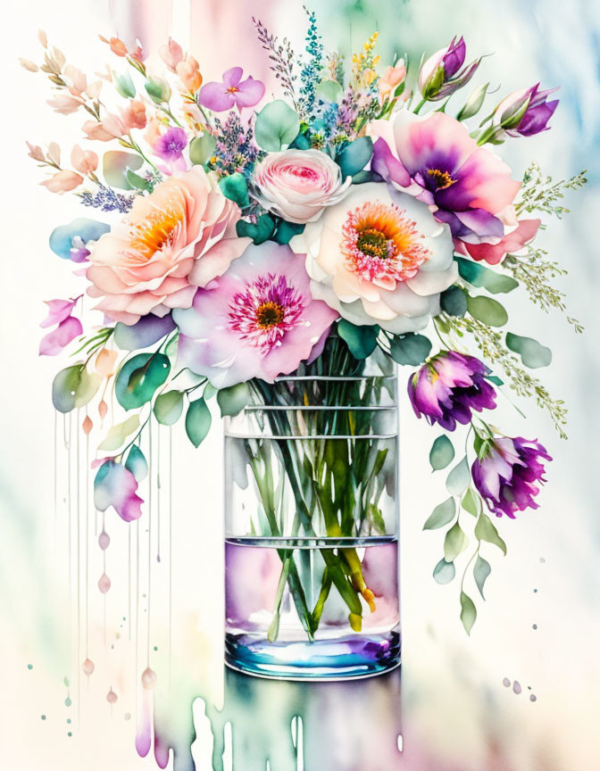 Colorful Watercolor Painting of Assorted Bouquet in Glass Vase