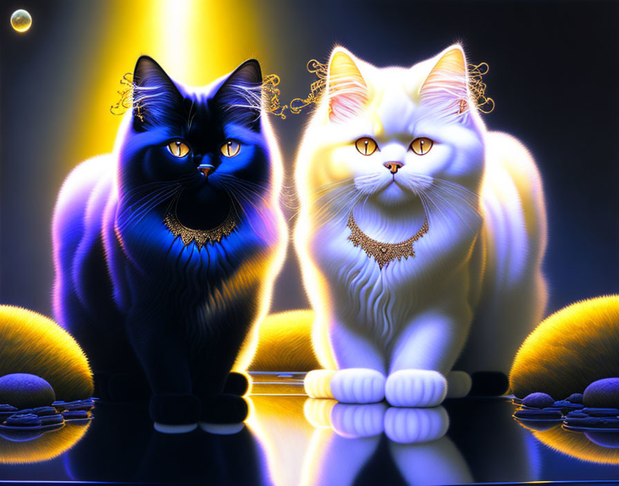 Stylized black and white cats with fantasy necklaces in dreamy setting