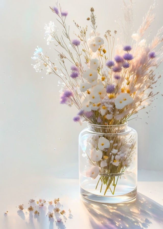 Delicate wildflowers in purple and white in clear glass vase