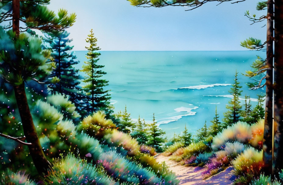 Tranquil watercolor painting: Coastline from pine forest path