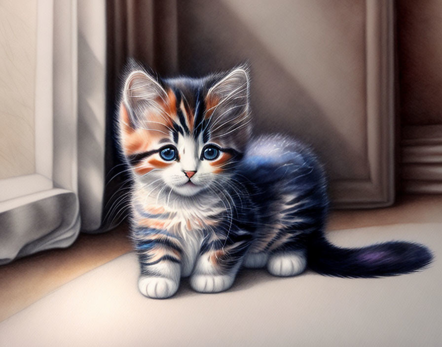 Calico fur kitten with blue eyes sitting indoors