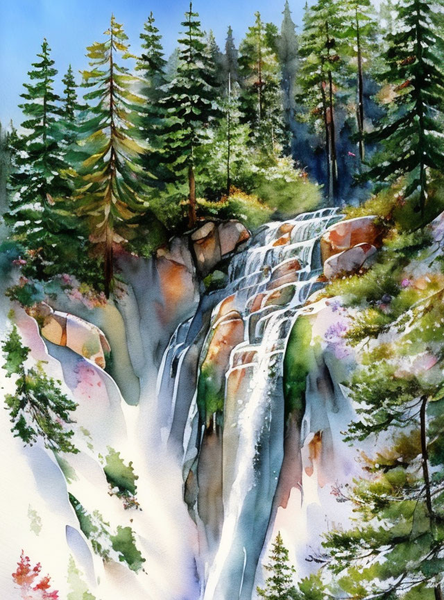 Lush Evergreen Trees Watercolor Painting