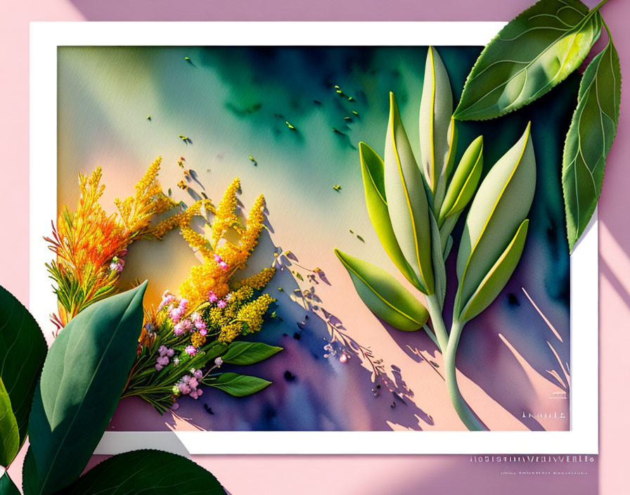 Colorful Floral Arrangement on Green and Blue Textured Background in White Frame