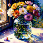 Colorful Peonies Bouquet in Glass Vase on Sunlit Windowsill