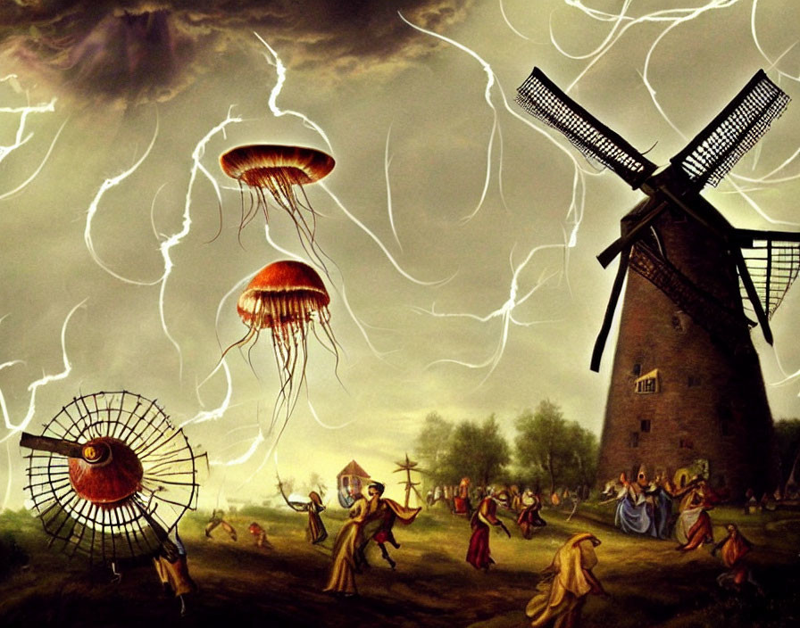 Surreal image: Giant jellyfish, lightning, people near windmill