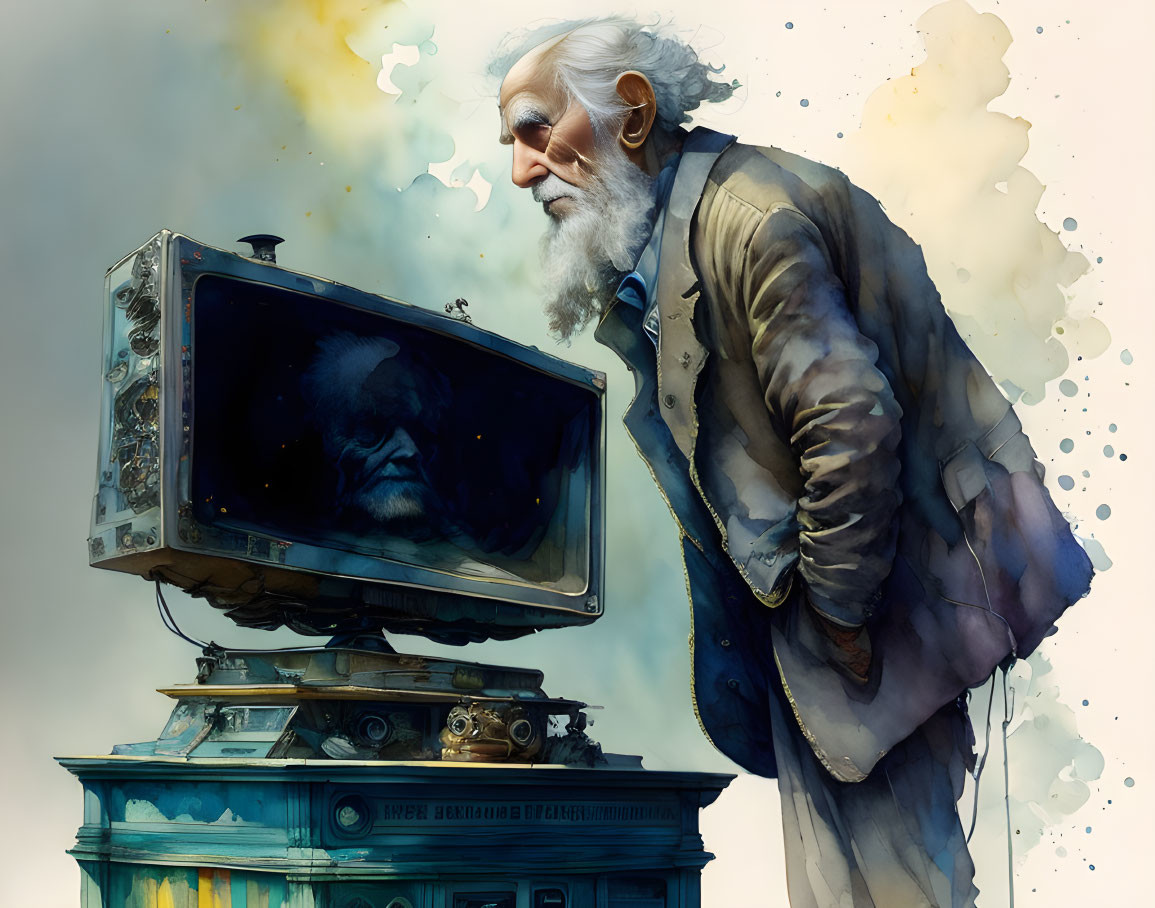 Humanoid old man with head of TV set watching many