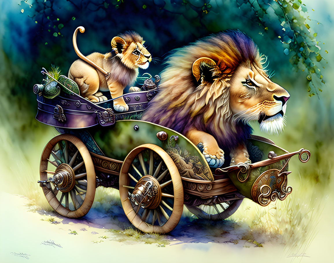 A cute lion cub driving turtle with handle,