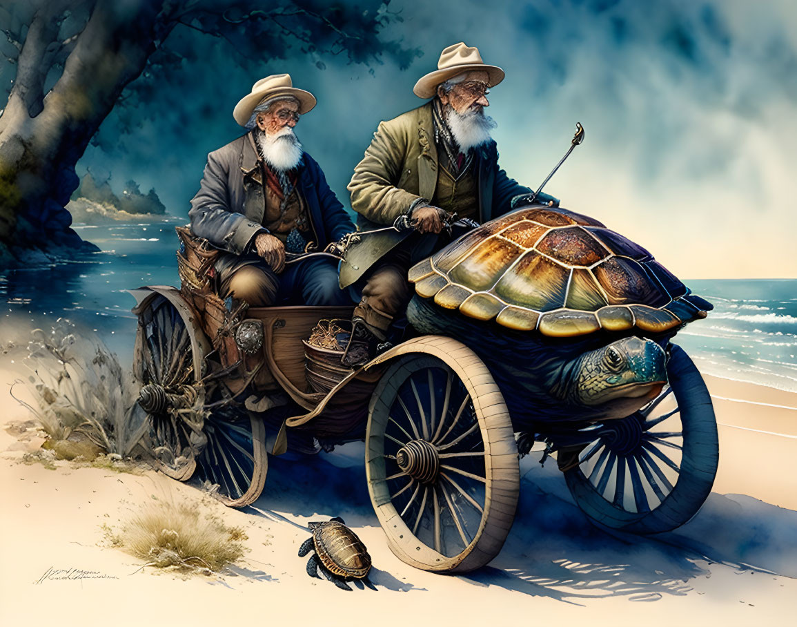 Old man and old woman driving turtle with handle,